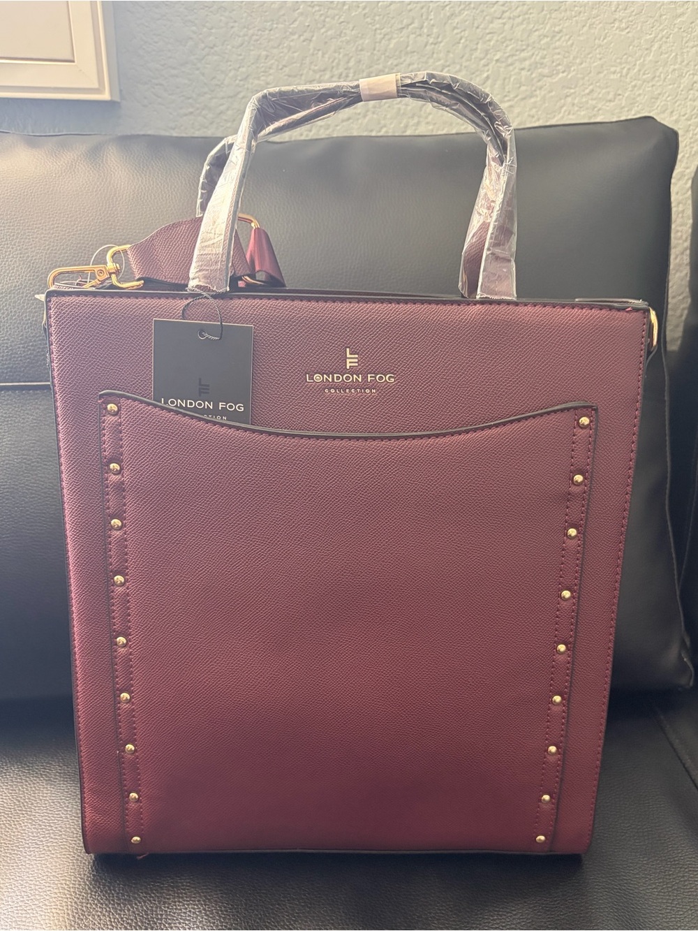 London Fog Plum Structured Tote with Gold Studs